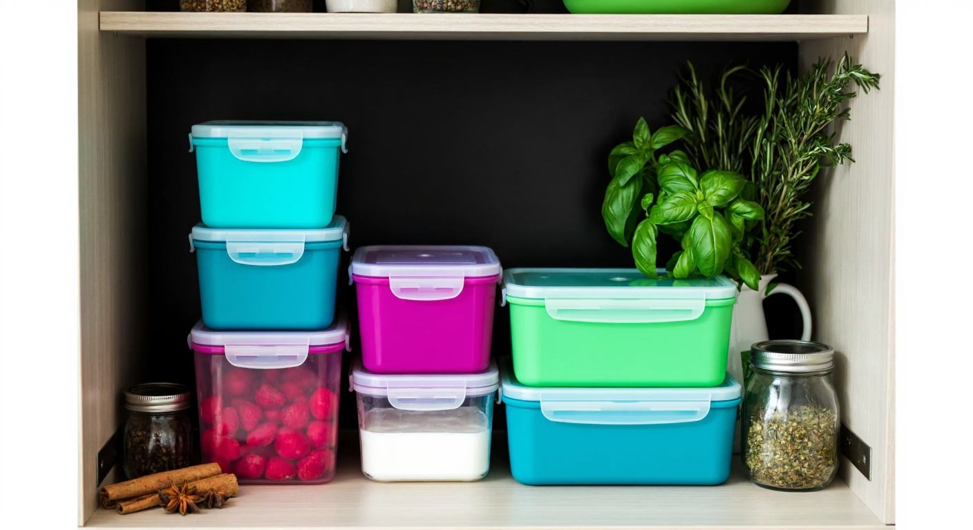A neatly stacked assortment of colorful plastic storage containers with lids, placed in a dry, cool Turkish kitchen cabinet next to fresh herbs and spices.