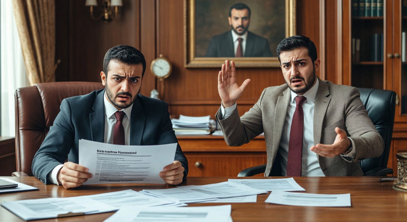 A frustrated Turkish man in a formal office setting holds a rejected insurance application, while a stern-faced insurance agent behind a desk gestures with a raised hand, surrounded by scattered documents and a policy booklet.