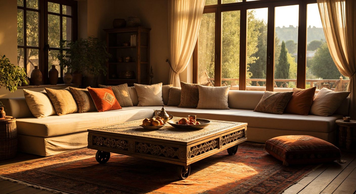 A cozy Turkish living room with a wheeled coffee table doubling as an ottoman, surrounded by plush cushions and a low sofa, bathed in warm golden light.