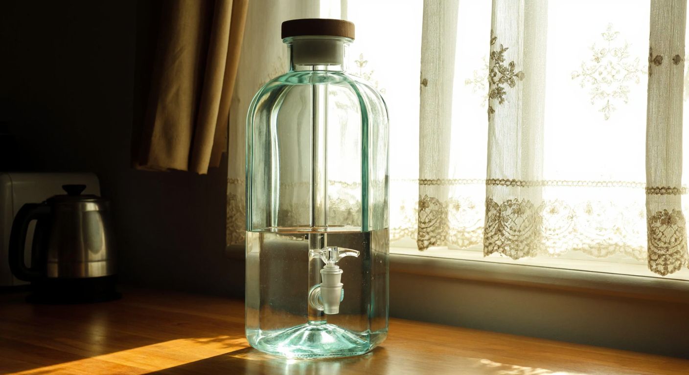 A clear glass pipe fitting snugly into a large glass water dispenser bottle, placed on a wooden table in a Turkish home kitchen with sunlight streaming through a lace curtain.