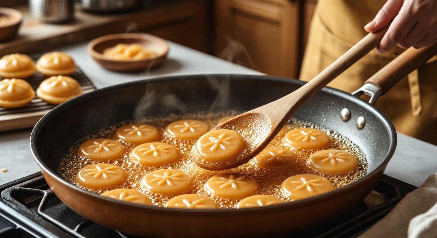 A warm Turkish kitchen with a bubbling golden sugar mixture in a non-stick pan, a wooden spoon stirring it, and delicate caramel-colored dalgona candies cooling on parchment paper with simple stamped shapes.