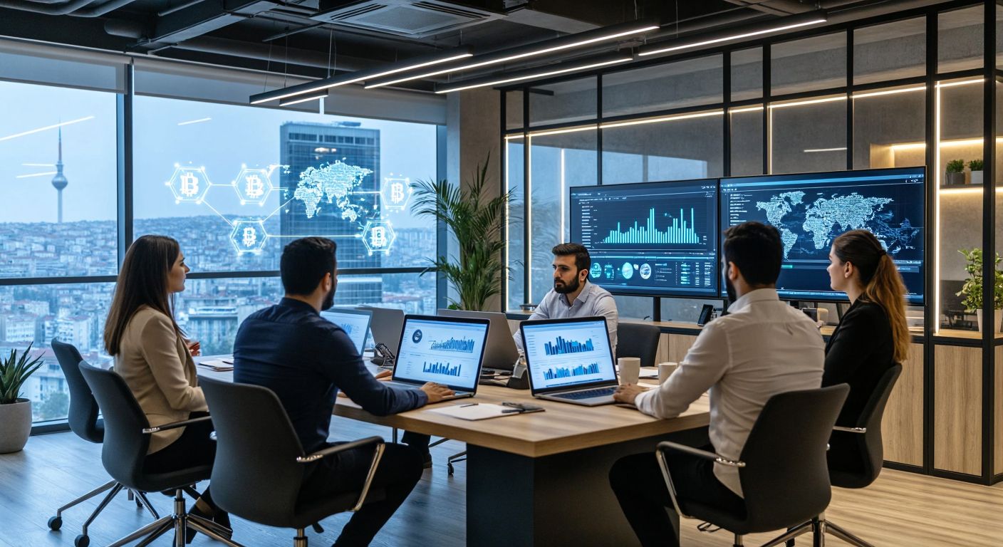 A modern office in Istanbul with professionals analyzing digital charts on sleek monitors, surrounded by glowing blockchain nodes and a diverse team discussing strategies over Turkish coffee.