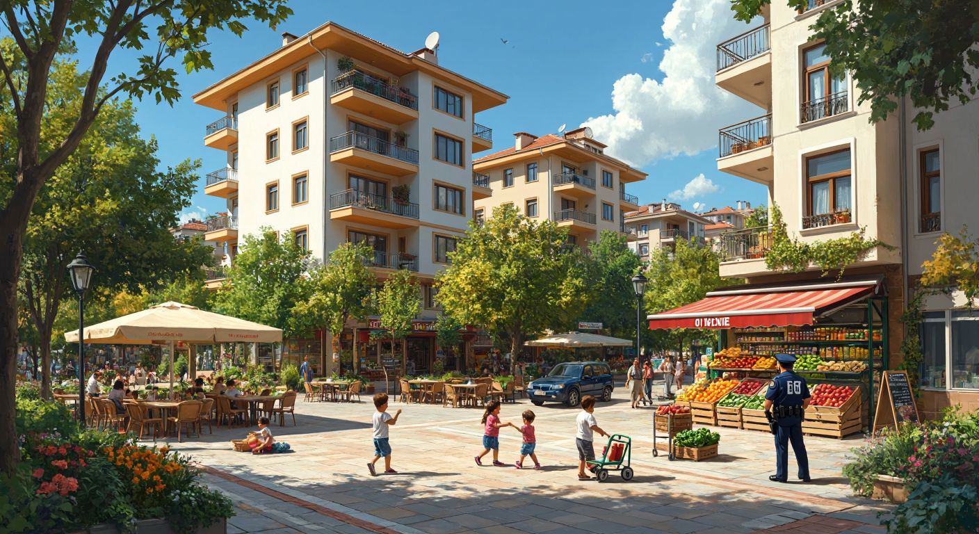 A bustling Turkish neighborhood with apartment buildings, a small café with outdoor seating, a park with children playing, a grocery store with fresh produce, and a police station nearby, all under a sunny sky.