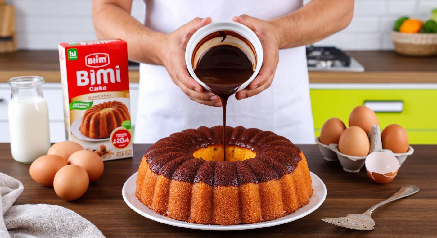 A warm Turkish kitchen with a golden-brown köstebek cake on a wooden table, surrounded by ingredients like eggs, milk, and a BİM-branded cake mix box, while a smiling home cook pours chocolate sauce into the hollowed-out center of the cake.