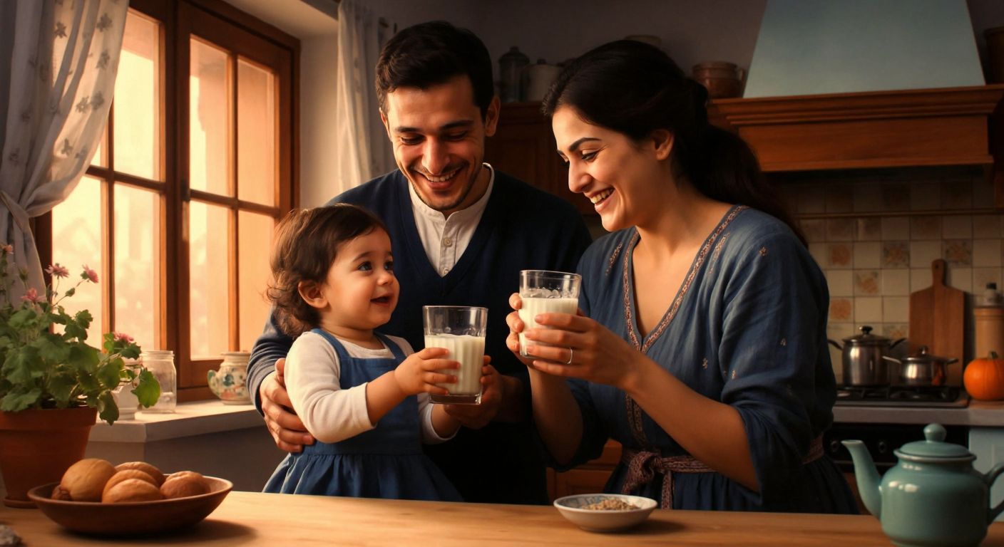 A smiling Turkish mother in a cozy kitchen hands a glass of warm milk to her toddler, while an elderly woman with a warm expression sips from another glass nearby.