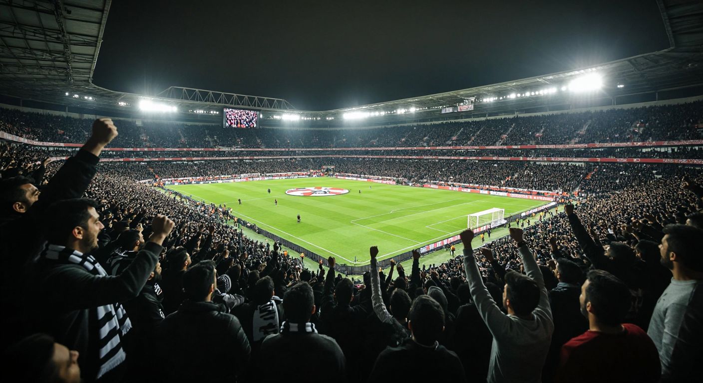 A bustling Turkish football stadium erupts in cheers as Beşiktaş fans wave black-and-white scarves, while a glowing computer screen displays a pixelated Woody from *Toy Story* in the background, and a faint tremor cracks the ground beneath them.