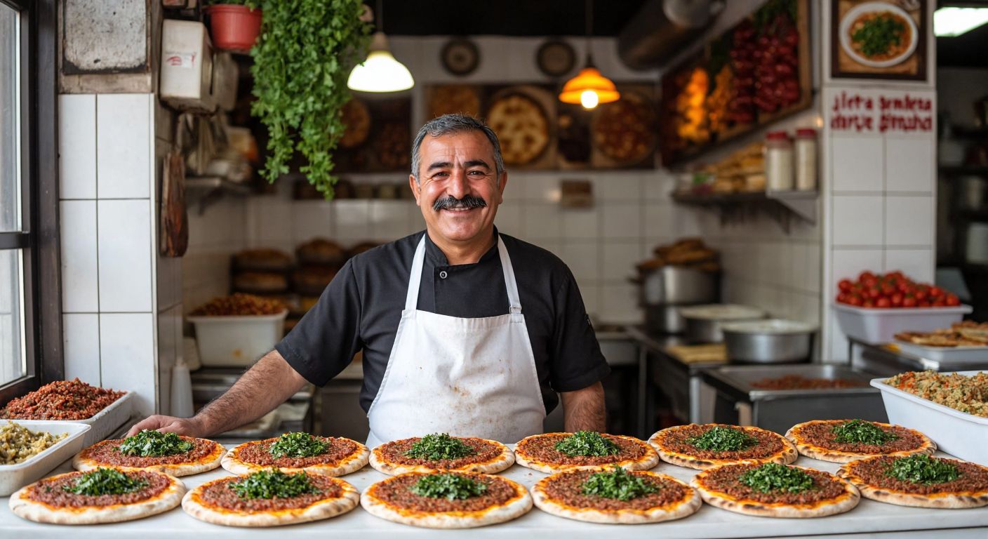 A smiling middle-aged man with a mustache, wearing a white apron, stands proudly behind a counter displaying freshly baked lahmacun topped with minced meat and herbs in a bustling Gaziantep-style eatery.