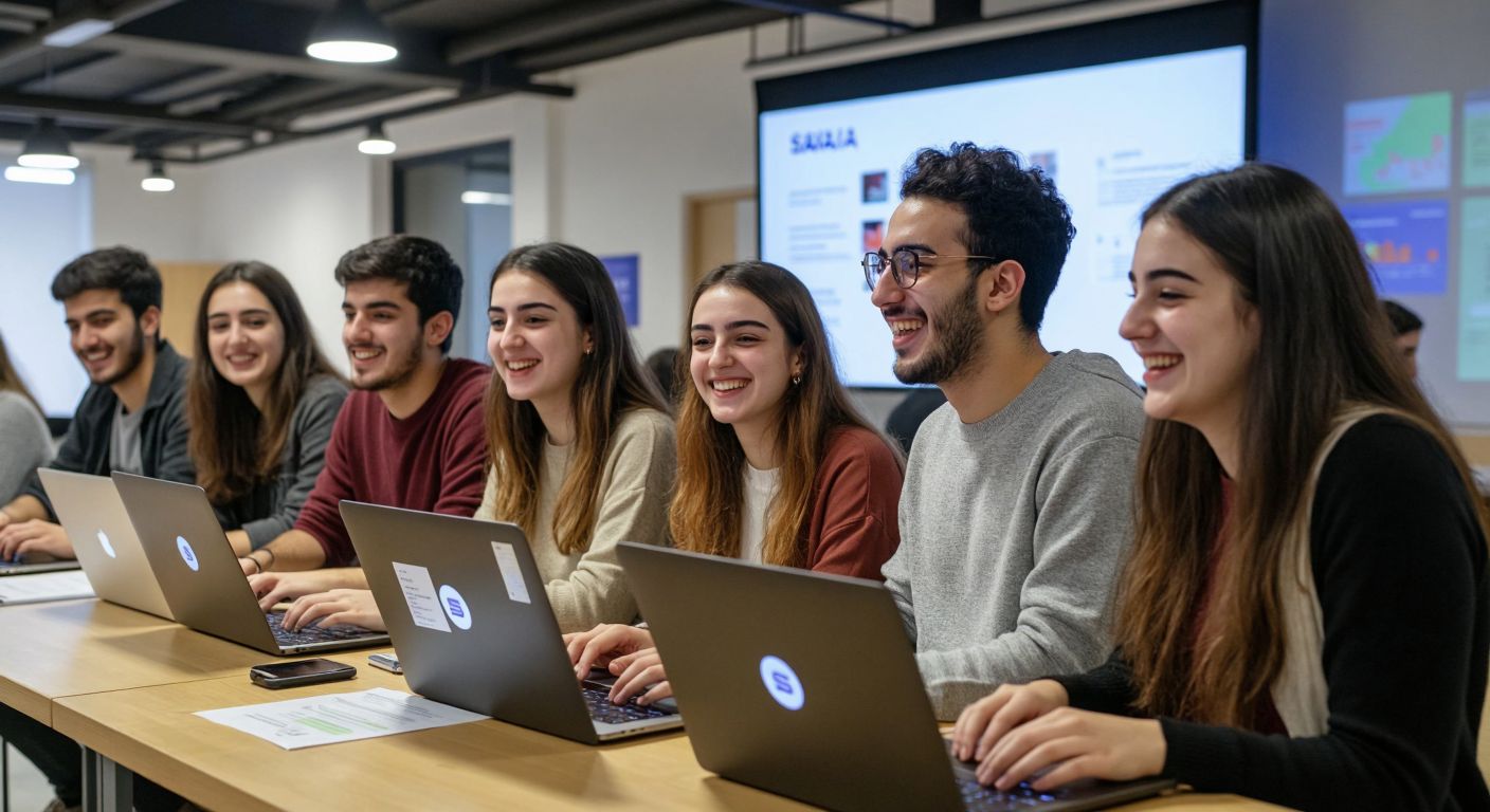 A diverse group of university students in a modern Turkish campus collaborate on laptops, smiling as they share digital documents and discuss coursework under a Sakai-branded virtual learning interface projected on a screen.