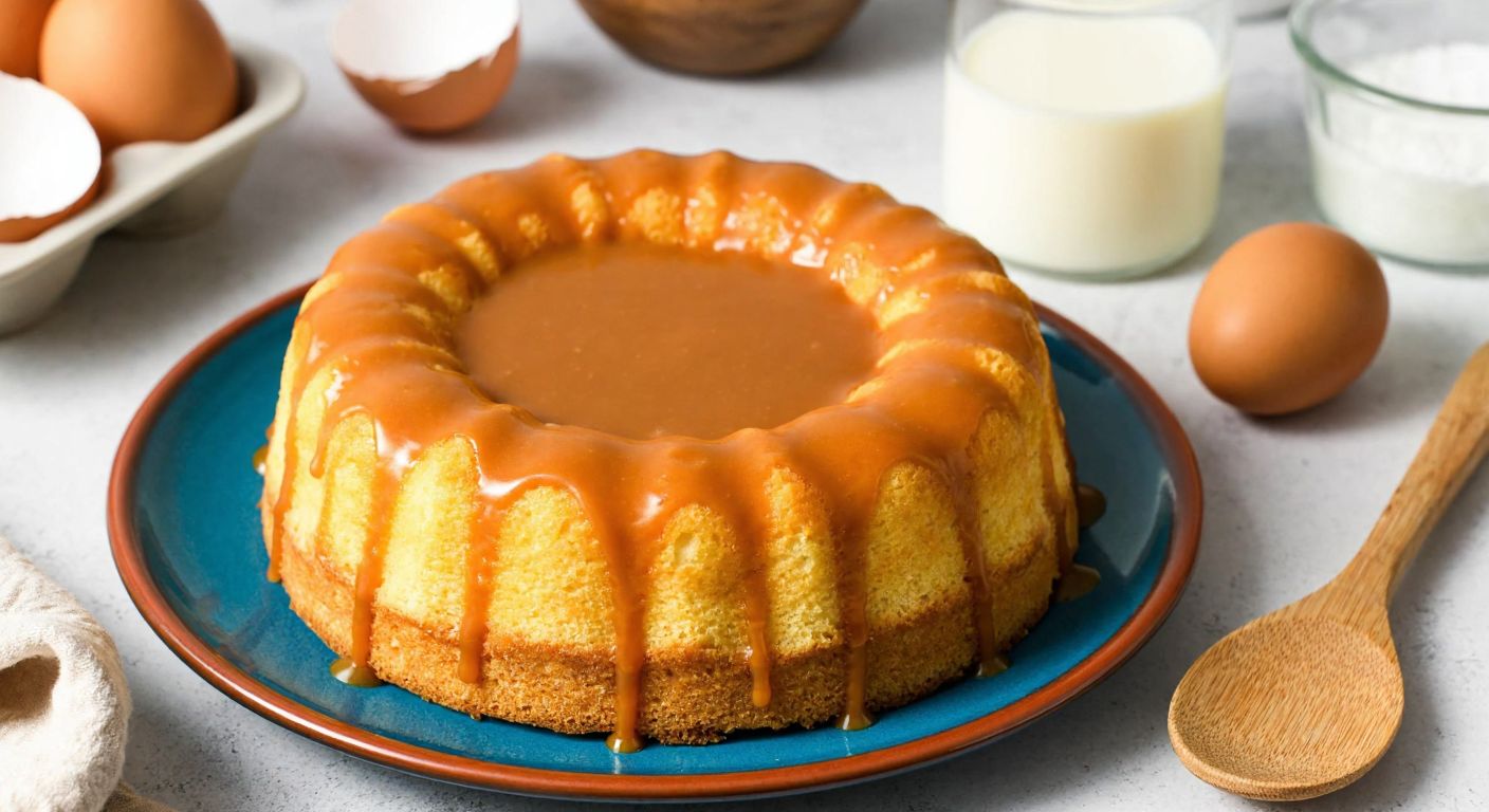 A golden-brown tres leches cake drizzled with caramel sits on a Turkish ceramic plate, surrounded by scattered baking ingredients like eggs, flour, and milk, with a wooden spoon resting nearby.