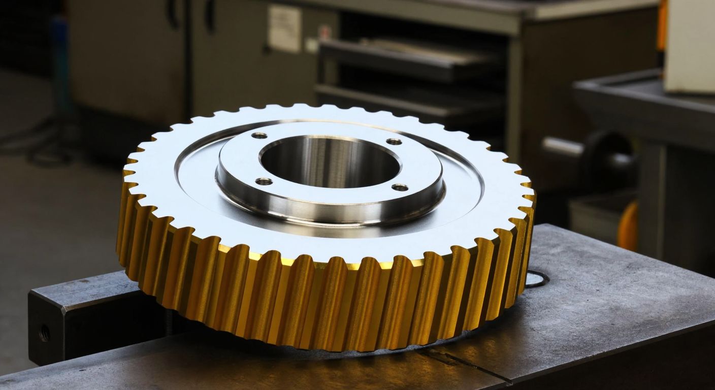 A gleaming silver metal gear coated with a thin, durable layer of golden-yellow chromium nitride, resting on a workshop table with industrial tools in the background.