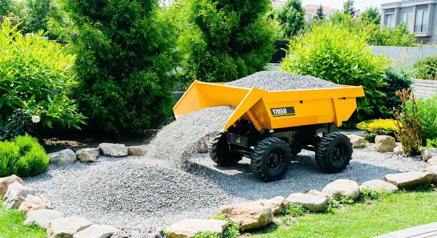 A compact yellow mini dumper with a raised bed dumps gravel onto a garden path, surrounded by lush greenery and scattered rocks, under the warm Turkish sun.