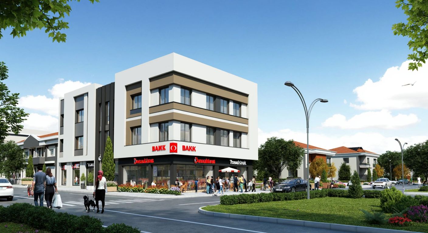 A modern bank building with a clean facade and a Turkish flag outside, nestled on a bustling street in Adapazarı, with people walking by and a small park nearby under a bright blue sky.