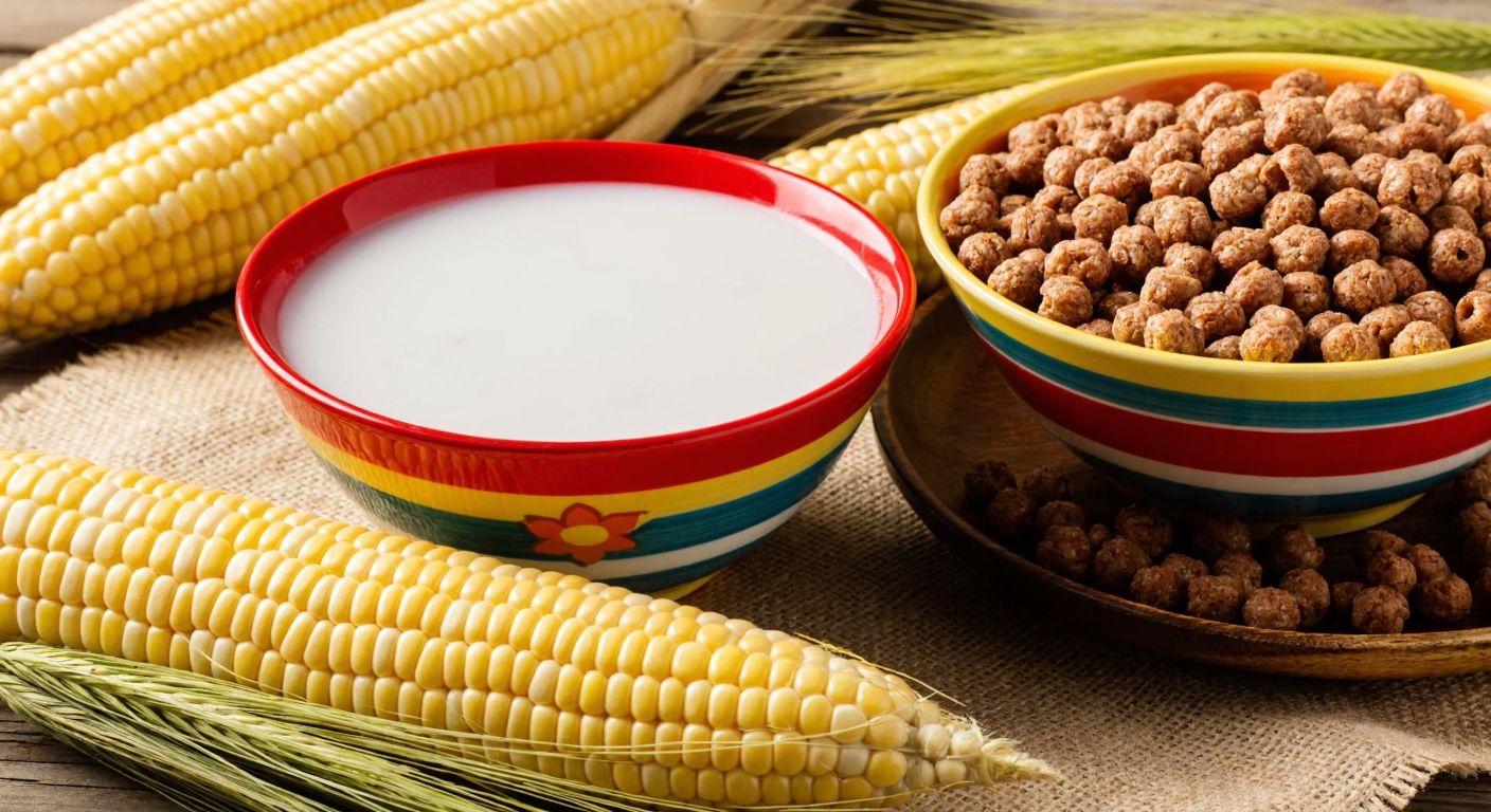 A colorful bowl of Coco Pops cereal with milk, surrounded by golden wheat stalks and fresh corn cobs on a sunny Turkish breakfast table.