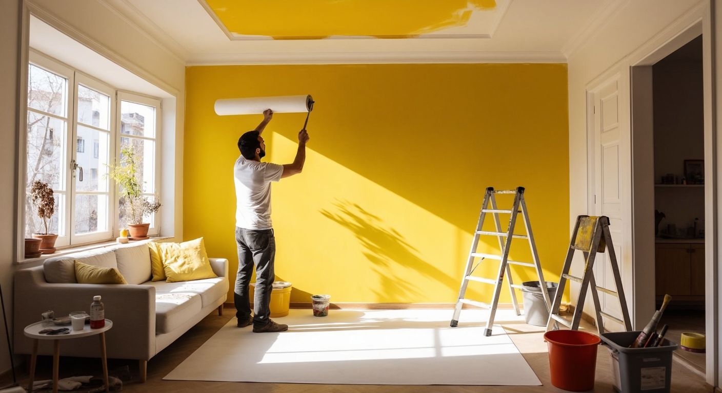 A Turkish homeowner in a sunlit living room carefully rolls a white stain-blocking primer onto a yellowed ceiling, with a paint tray and brushes nearby, while a ladder stands ready against the wall.