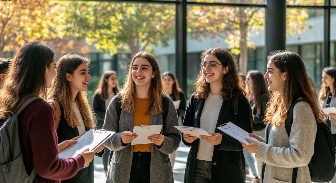 A diverse group of Turkish university students and academics engaged in lively discussions at a seminar in a modern lecture hall, while another group of young women students smile warmly as they receive scholarship certificates in a sunlit courtyard.