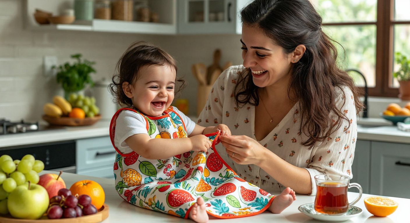 A cheerful Turkish mother in a bright kitchen ties a colorful baby bib adorned with a subtle brand logo around her giggling toddler, surrounded by fresh fruits and a steaming cup of çay.