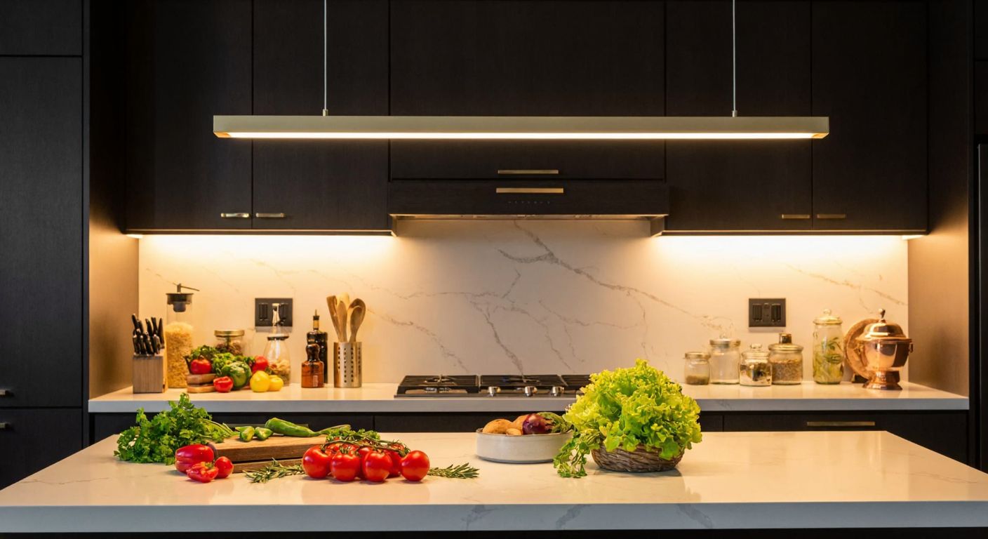 A warm, modern Turkish kitchen with a sleek LED chandelier glowing brightly over a marble countertop, surrounded by fresh ingredients like tomatoes, peppers, and herbs, evoking a cozy yet functional atmosphere.