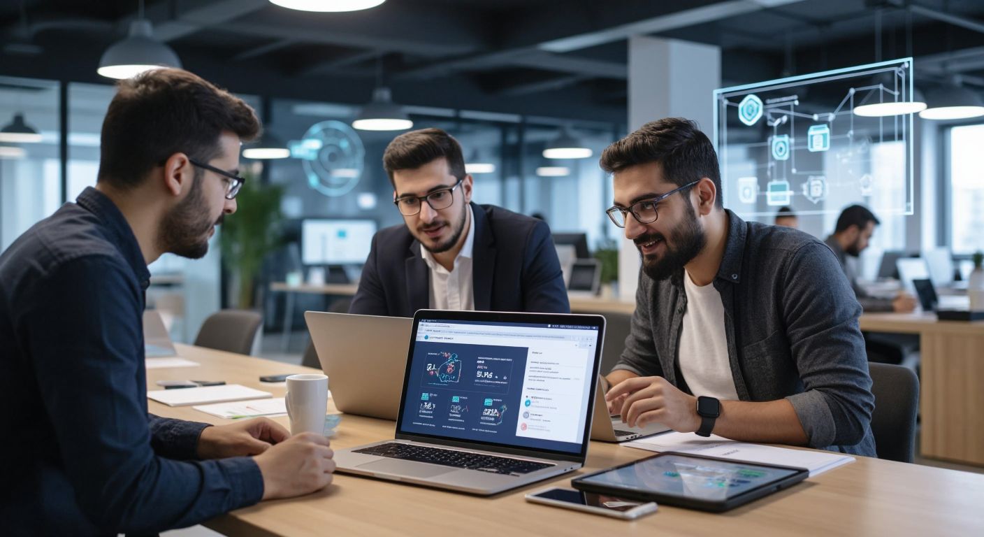 A modern Turkish office scene with developers discussing over a laptop displaying abstract microservice architecture diagrams, while a sleek payment terminal and digital wallet icons subtly blend into the background.