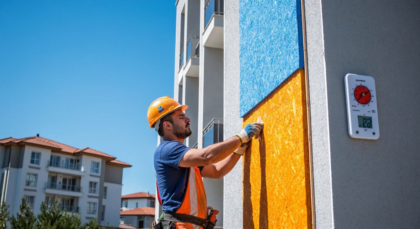 A construction worker in a hard hat applies insulation material to the exterior of a modern Turkish apartment building under a clear blue sky, with a thermometer showing 20°C nearby.