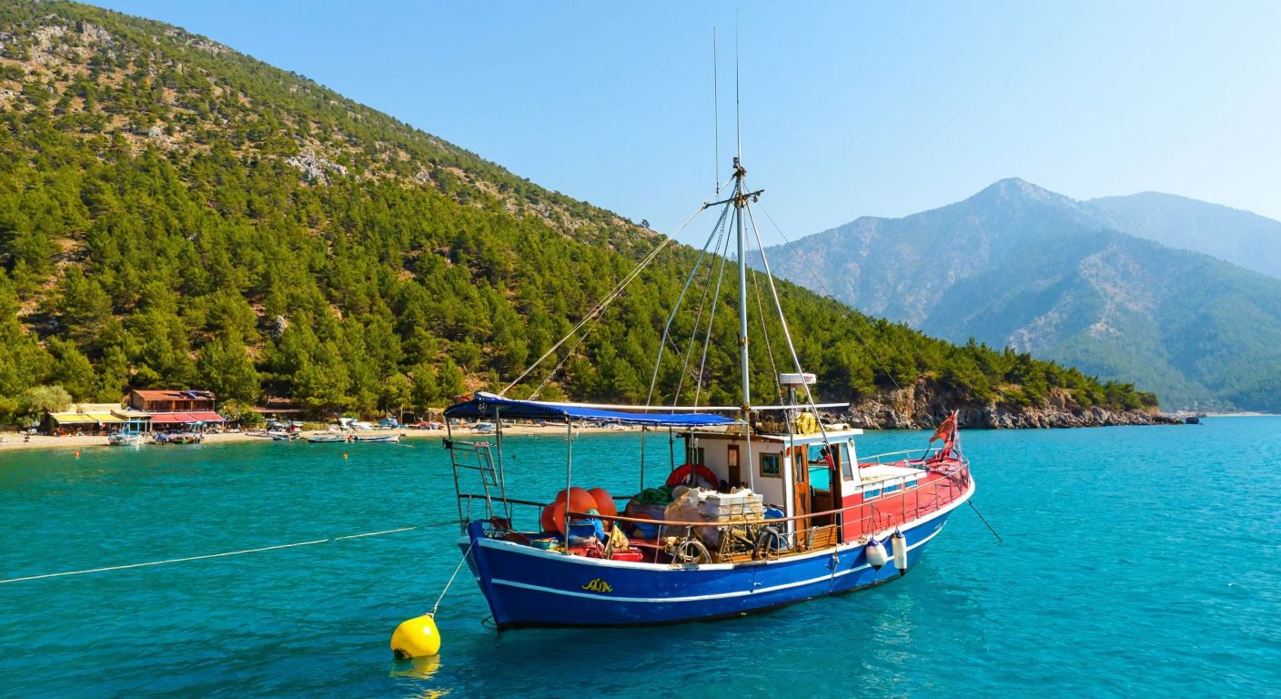 A vibrant fishing boat in Adrasan's turquoise waters, its deck overflowing with fresh catches like akya, sarıkuyruk, and orfoz, as a sunlit coastal village with pine-covered hills looms in the background.