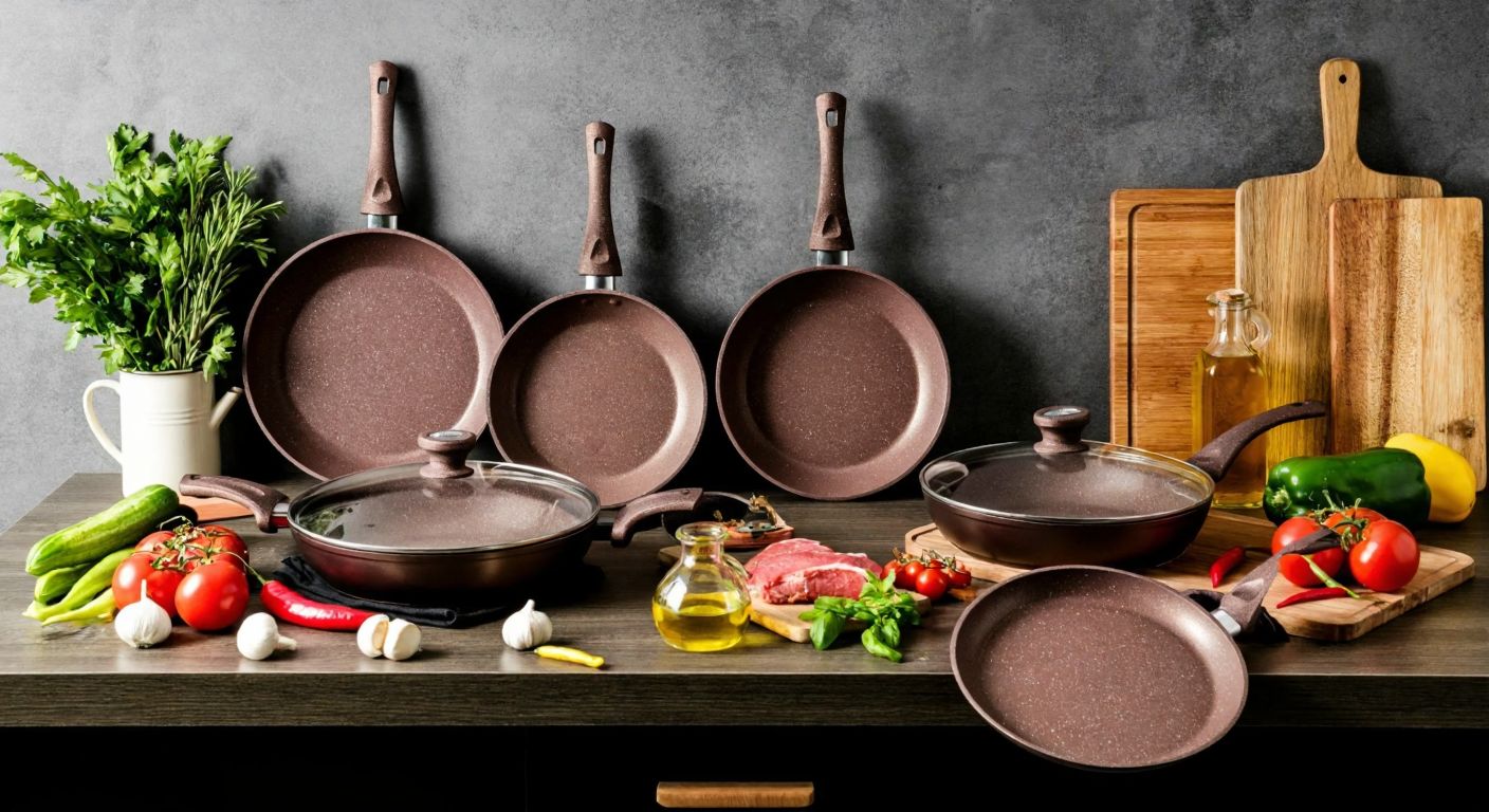 A rustic Turkish kitchen countertop displaying two sets of Thermoad cast granite pans—one with six pieces (three pans and their matching lids) and another with three pans, all in earthy tones, neatly arranged beside fresh vegetables and olive oil.