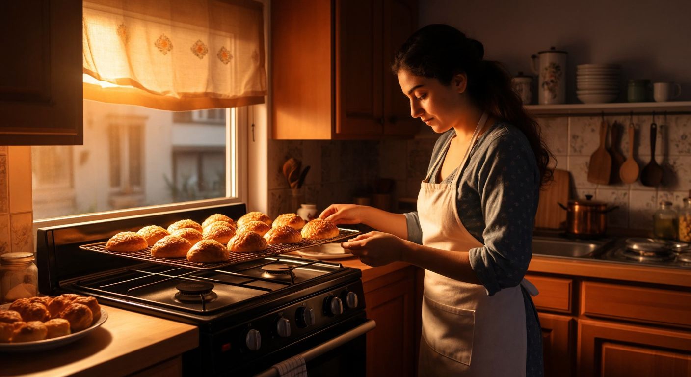A Turkish woman in a cozy kitchen adjusts the knobs of a small oven while golden pastries bake inside, emitting a warm glow and savory aroma.