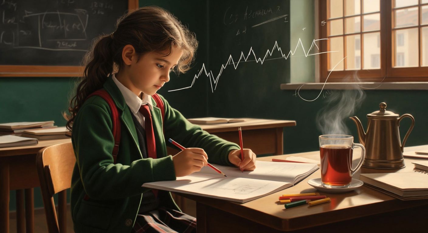 A young student in a Turkish classroom, wearing a school uniform, intently sketches a right triangle and sine wave on a chalkboard with a piece of chalk, surrounded by scattered notebooks and a steaming cup of çay.