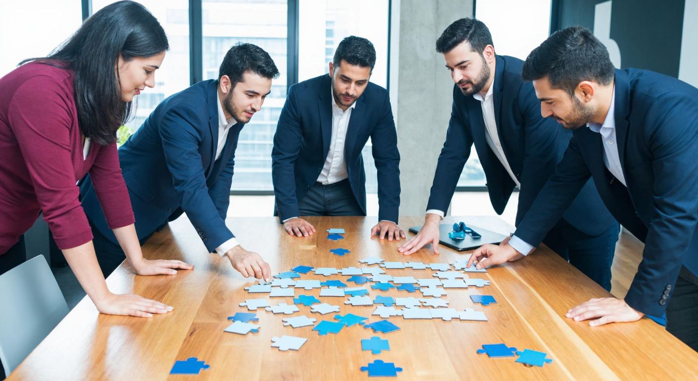 A diverse group of Turkish professionals in a modern office collaboratively arranging puzzle pieces into a structured flowchart on a wooden table, symbolizing the step-by-step process of change management.