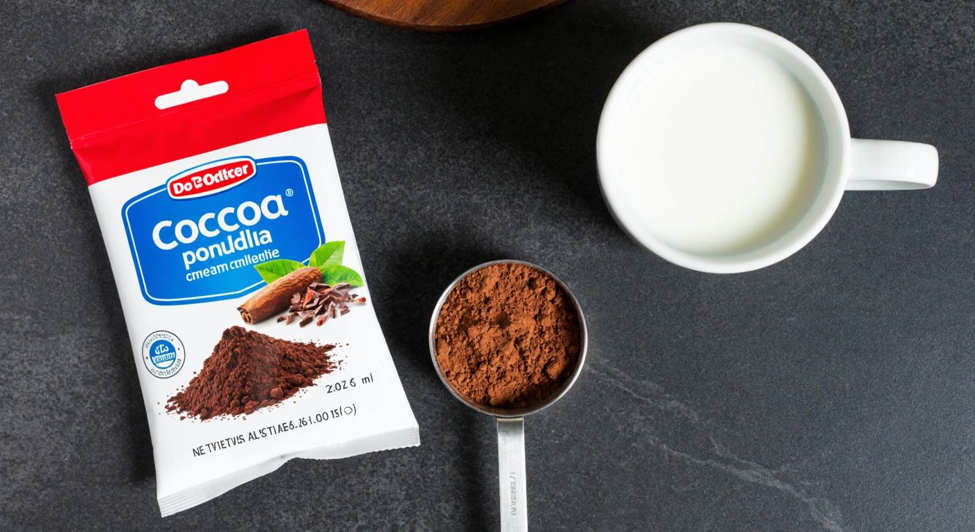 A Turkish kitchen counter with a small open packet of Dr. Oetker cocoa powder, a measuring spoon filled with cocoa, and a steaming cup of milk nearby, evoking warmth and preparation.