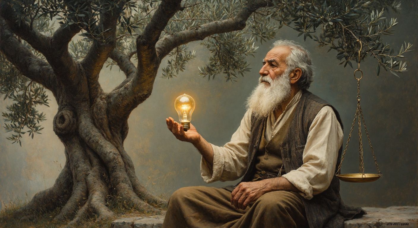 A wise elderly Turkish man with a long white beard sits thoughtfully under an olive tree, holding a glowing lightbulb in one hand and a balanced scale in the other, symbolizing the distinction between innate wisdom (akıl) and practical intelligence (akıllı).