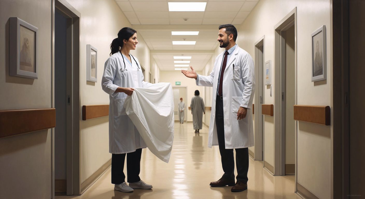 A sterile white disposable apron draped over a visitor's clothes in a bright hospital hallway, with a Turkish doctor in a white coat gesturing toward it warmly.
