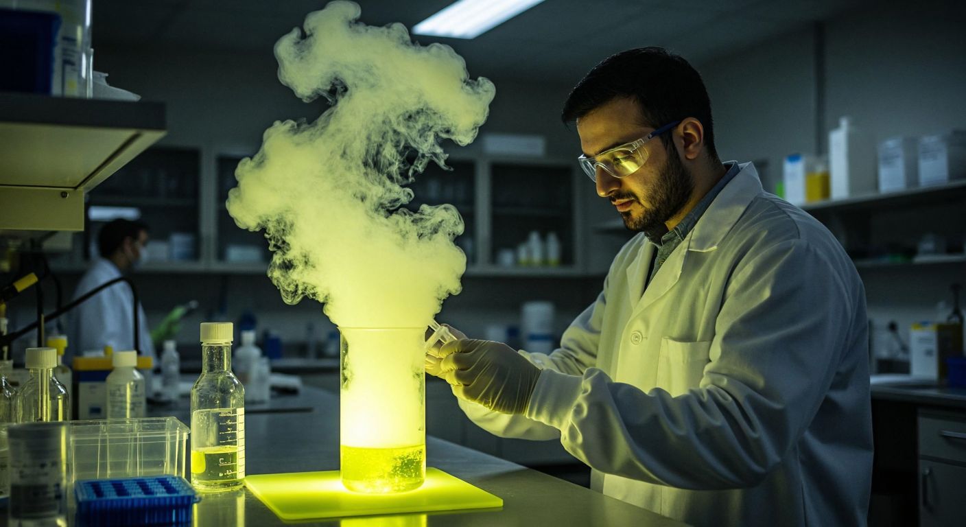 A bubbling, yellowish-green gas (H2S) rises from a beaker of water in a dimly lit Turkish chemistry lab, with a scientist in a white lab coat observing cautiously while wearing safety goggles.