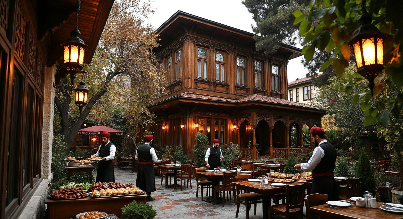 A grand Ottoman-style wooden mansion in Istanbul’s Eyüp district, with a lush garden where waiters in traditional Turkish attire serve steaming plates of kebabs and baklava to warmly lit tables under hanging lanterns.