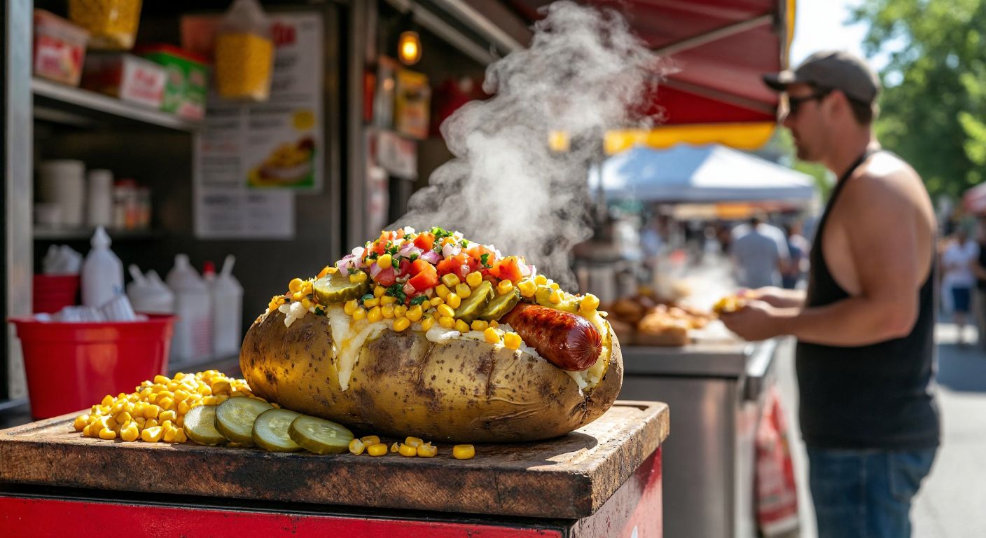 A steaming baked potato split open and overflowing with colorful toppings like corn, pickles, and sausages sits on a street vendor’s counter under the sun, while a wary customer hesitates to take a bite, glancing at the unrefrigerated ingredients nearby.