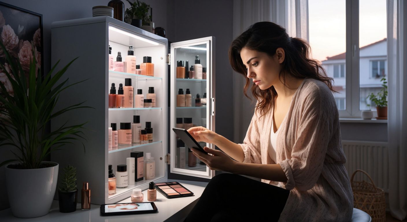 A frustrated woman in a modern Turkish home stares at a locked, translucent cosmetics cabinet filled with Farmasi products, her hand resting on an inactive tablet nearby.