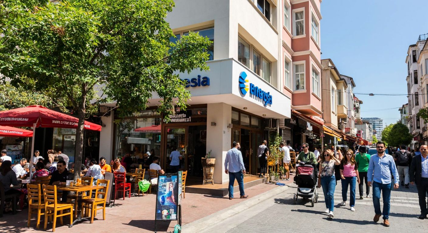 A bustling street in Kadıköy’s Osmanağa neighborhood, with a modern Enerjisa customer service center nestled among vibrant cafes and pedestrians under a sunny Istanbul sky.