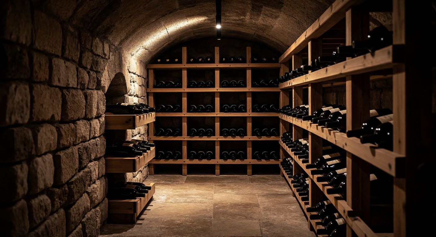 A dimly lit, cool stone cellar in Turkey with neatly stacked wooden wine racks holding elegant bottles, their labels hidden in shadow, while a faint glow highlights the condensation on the glass.