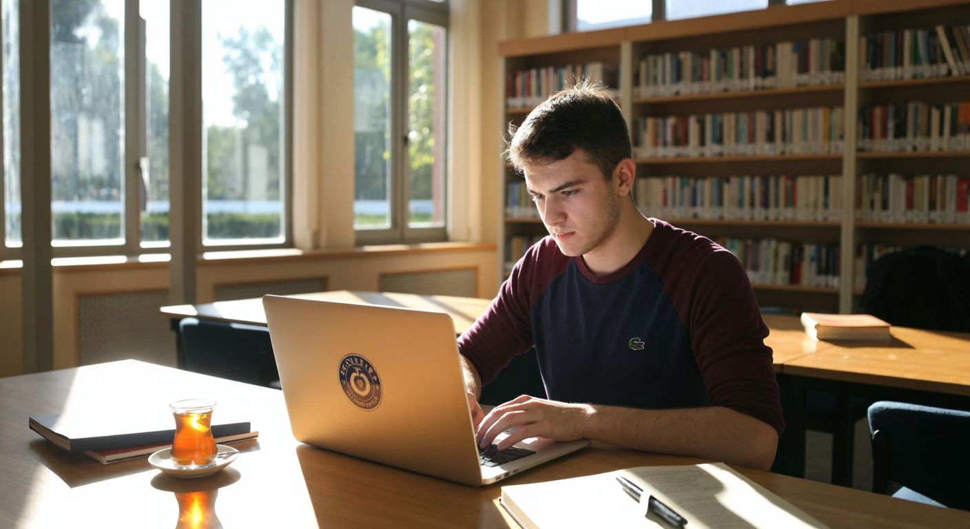 A young Turkish university student with a focused expression sits at a wooden desk in a sunlit campus library, typing on a laptop with a Gazi University logo sticker, surrounded by scattered notebooks and a steaming cup of Turkish tea.
