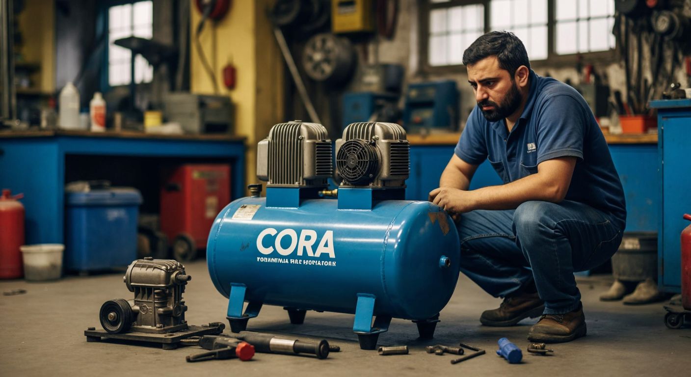 A sturdy but slightly worn Cora-brand air compressor sits on a workshop floor in Turkey, surrounded by mixed reactions—a mechanic nodding approvingly while another frowns at a broken part in their hand.