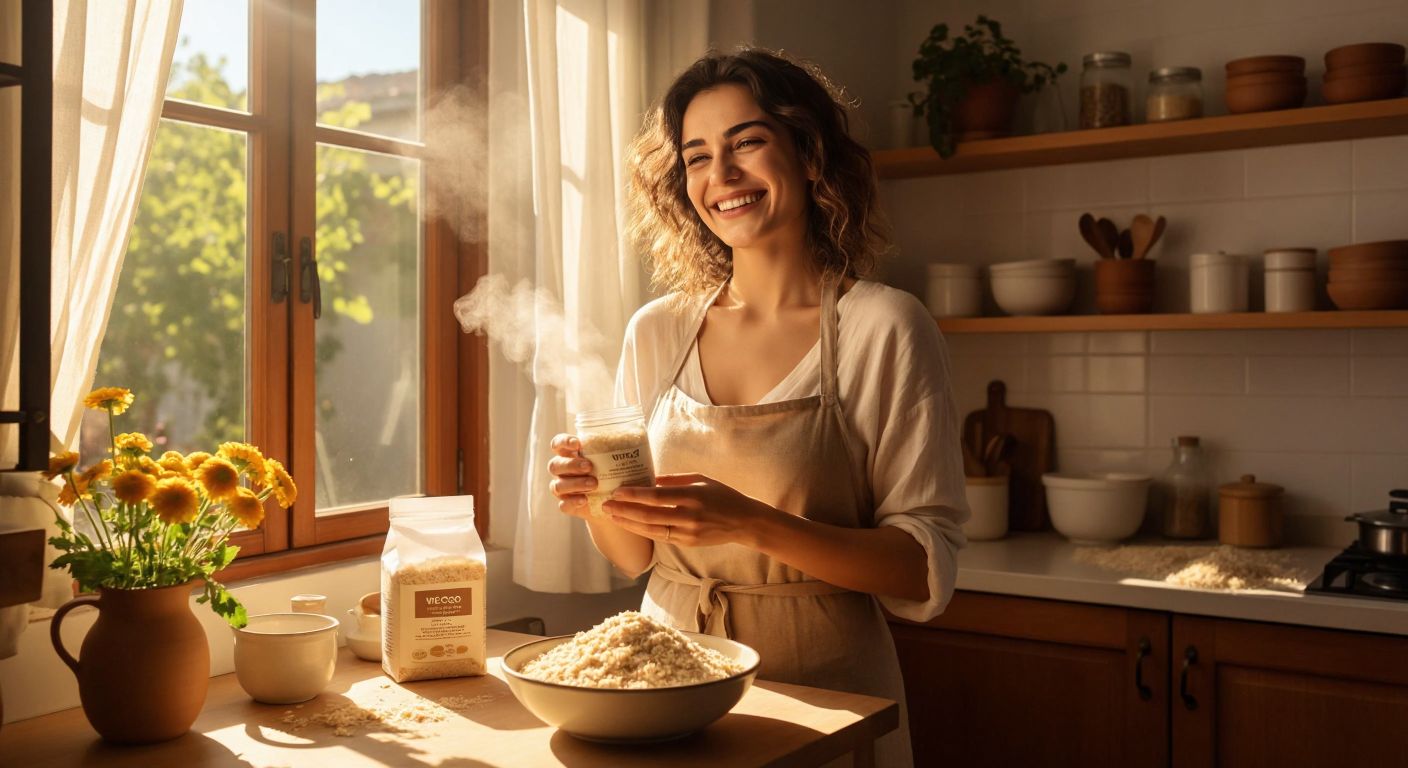 A smiling Turkish woman in a sunlit kitchen holds a bag of Wefood oat flour while a bowl of fresh, golden-brown oat porridge steams beside her.