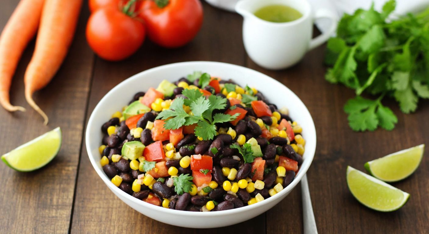 A vibrant bowl of Mexican bean salad with colorful ingredients like black beans, corn, tomatoes, and cilantro, placed on a rustic wooden table next to fresh vegetables and a small pitcher of lime juice, evoking freshness and health.