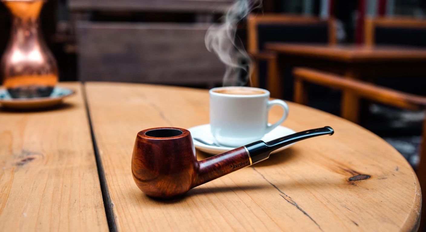 A well-crafted wooden pipe resting on a rustic wooden table in a cozy Turkish café, with a steaming cup of Turkish coffee beside it, evoking a sense of tradition and craftsmanship.