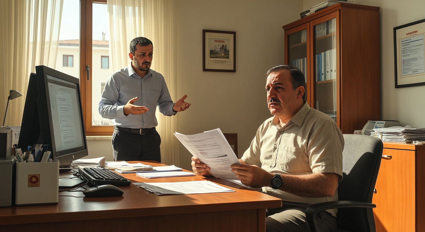 A weary middle-aged man in a plain button-up shirt sits at a modest wooden desk in a small Turkish government office, holding unemployment documents with a mix of hope and frustration, while a civil servant in a formal shirt gestures patiently toward a computer screen displaying an official website.