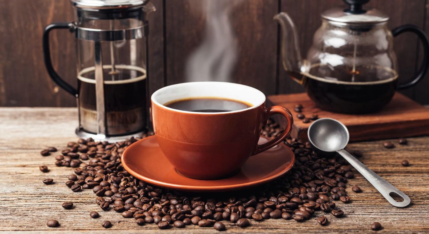 A warm, aromatic cup of freshly brewed Colombian filter coffee sits on a rustic wooden table, surrounded by scattered coffee beans, a French press, and a steaming kettle, evoking a cozy and meticulous brewing process.
