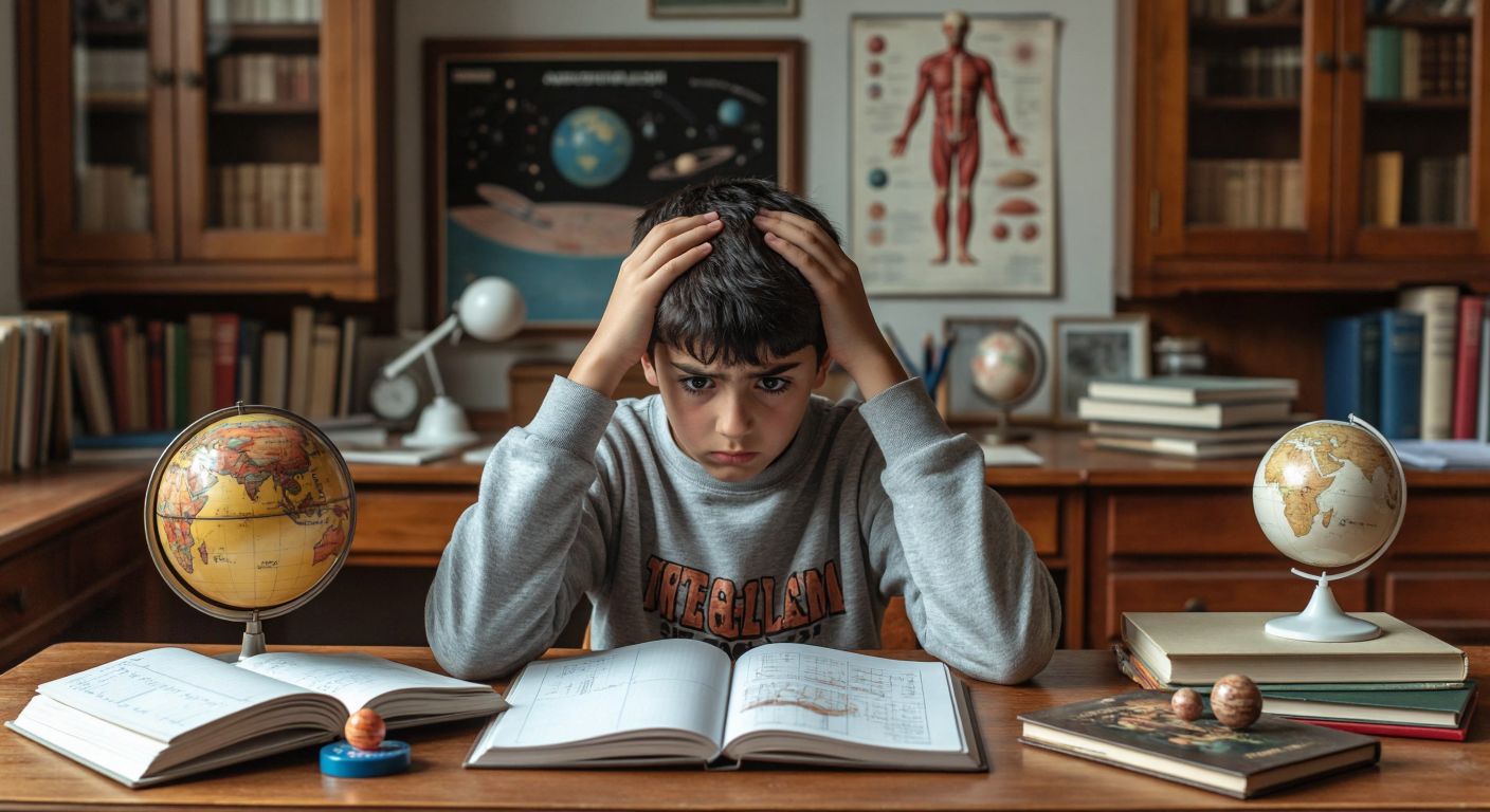 A frustrated Turkish middle-school student sits at a wooden desk cluttered with science textbooks, a solar system model, and a human anatomy chart, scratching their head while staring at a blank homework notebook.