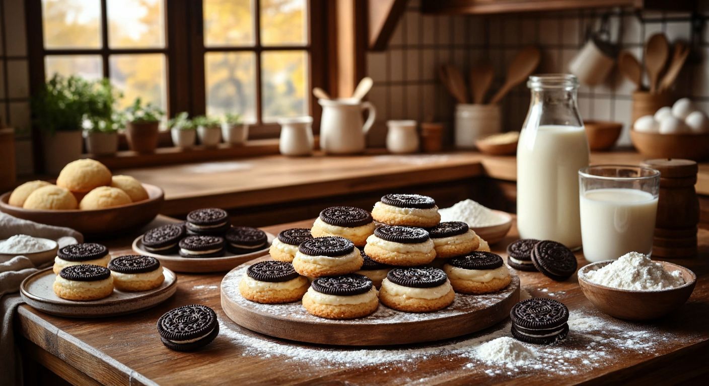 A warm Turkish kitchen with a wooden countertop displaying freshly made Oreo magnolia, şekerpare, nişastalı kurabiye, süt dilimi, and pudingli pasta, surrounded by scattered ingredients like milk, sugar, and flour, evoking a cozy, homemade dessert-making atmosphere.