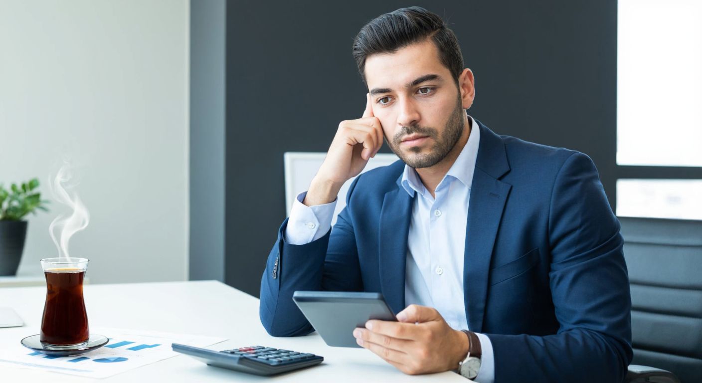 A focused Turkish businessman in a modern office, holding a calculator and looking thoughtfully at a financial chart on a desk, with a steaming cup of Turkish coffee beside him.