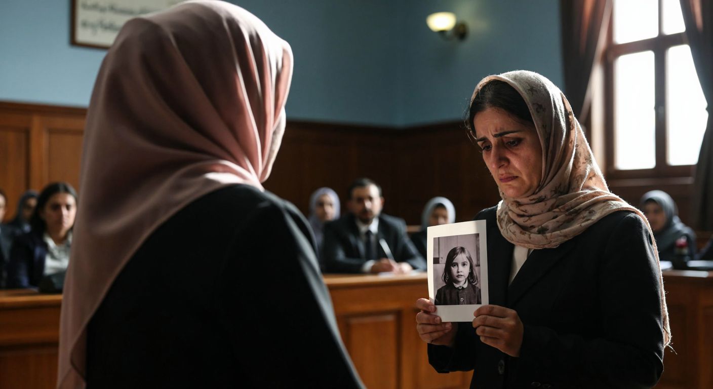 A solemn courtroom in Ağrı with a grieving mother in a headscarf holding a faded photo of a young girl, while a judge reviews a DNA report under dim light.