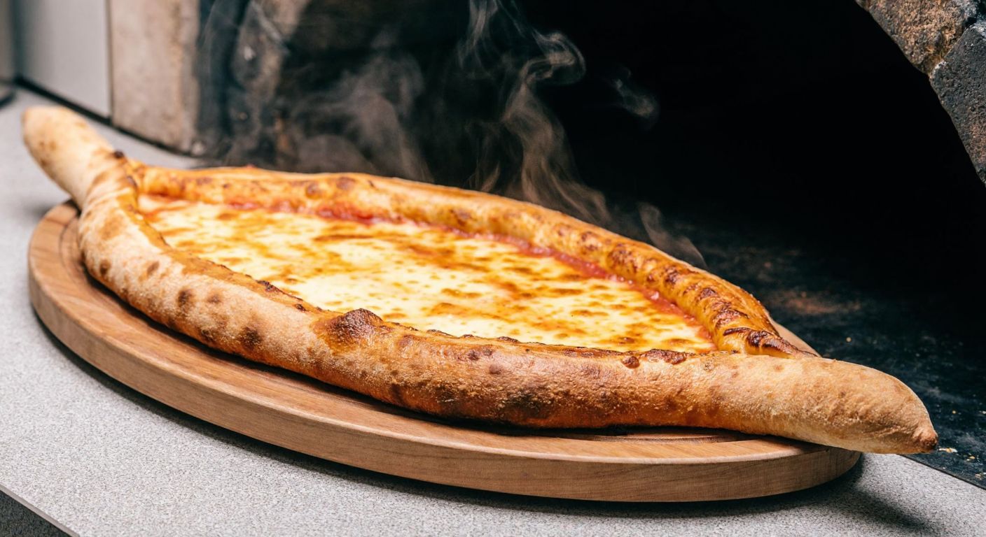A golden-brown mushroom and cheese pide fresh out of a stone oven, with steam rising from its crispy edges, placed on a wooden tray in a traditional Turkish bakery.