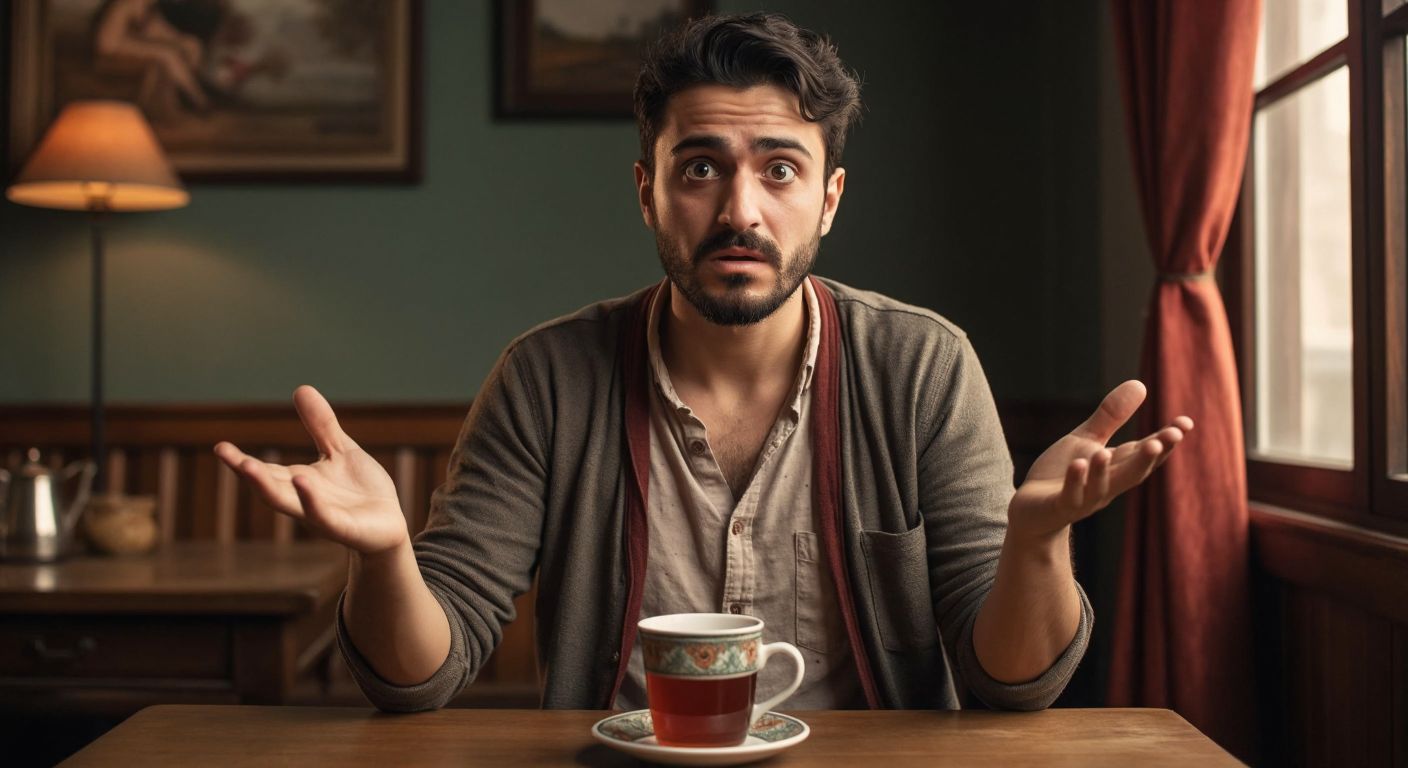 A Turkish man in a casual setting, shrugging with a hesitant expression while holding a cup of çay, surrounded by an air of uncertainty.
